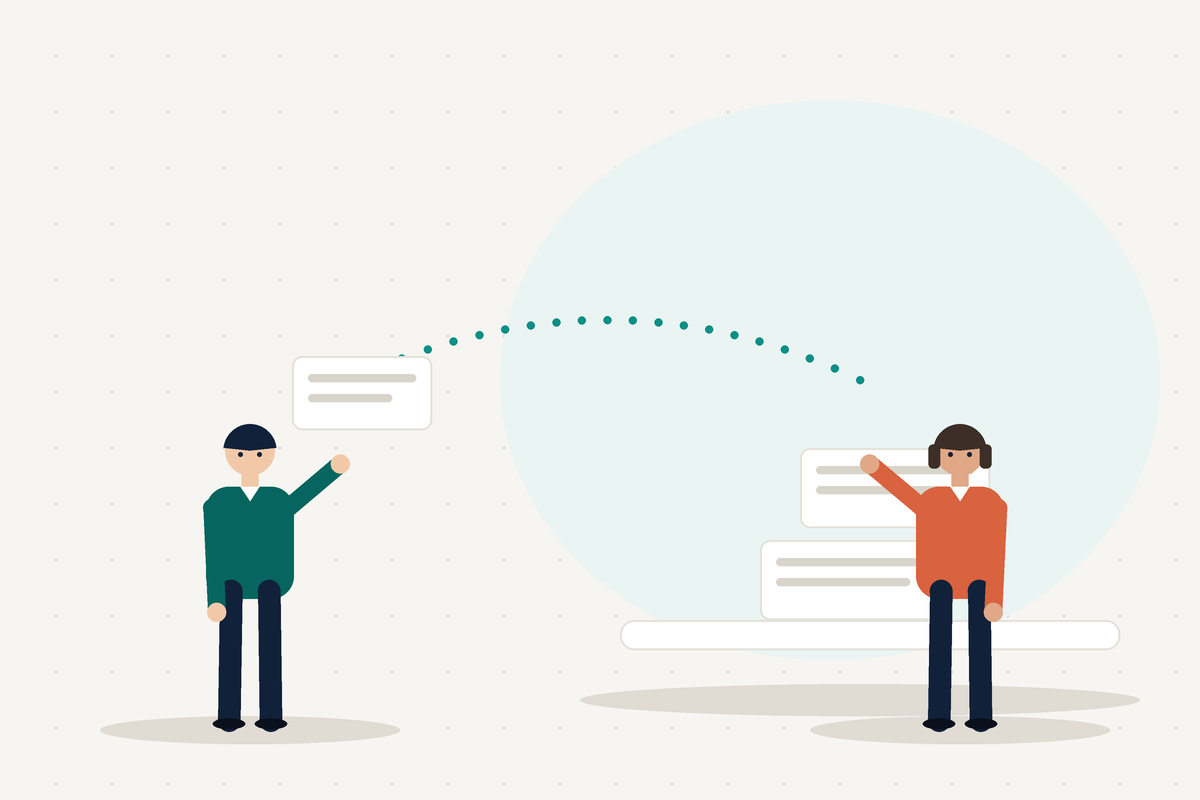 Illustration of one person handing a task to another